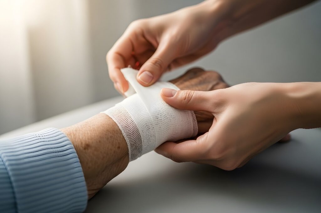 Krankenschwester legt einem älteren Patienten einen Verband am Handgelenk an; Nahaufnahme der Hände und der Wundversorgung
