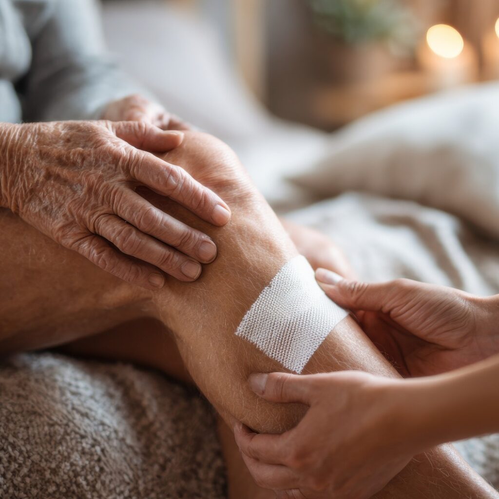 Pflegekraft legt einem älteren Menschen zu Hause einen Verband am Bein an – eine bewegende Szene aus der Altenpflege