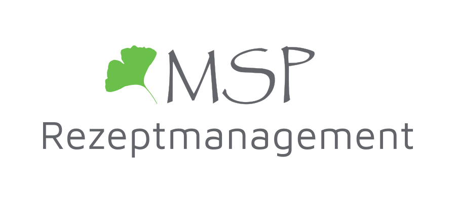 Das Logo zeigt ein grünes Ginkgoblatt neben dem Schriftzug MSP Rezeptmanagement in Grau