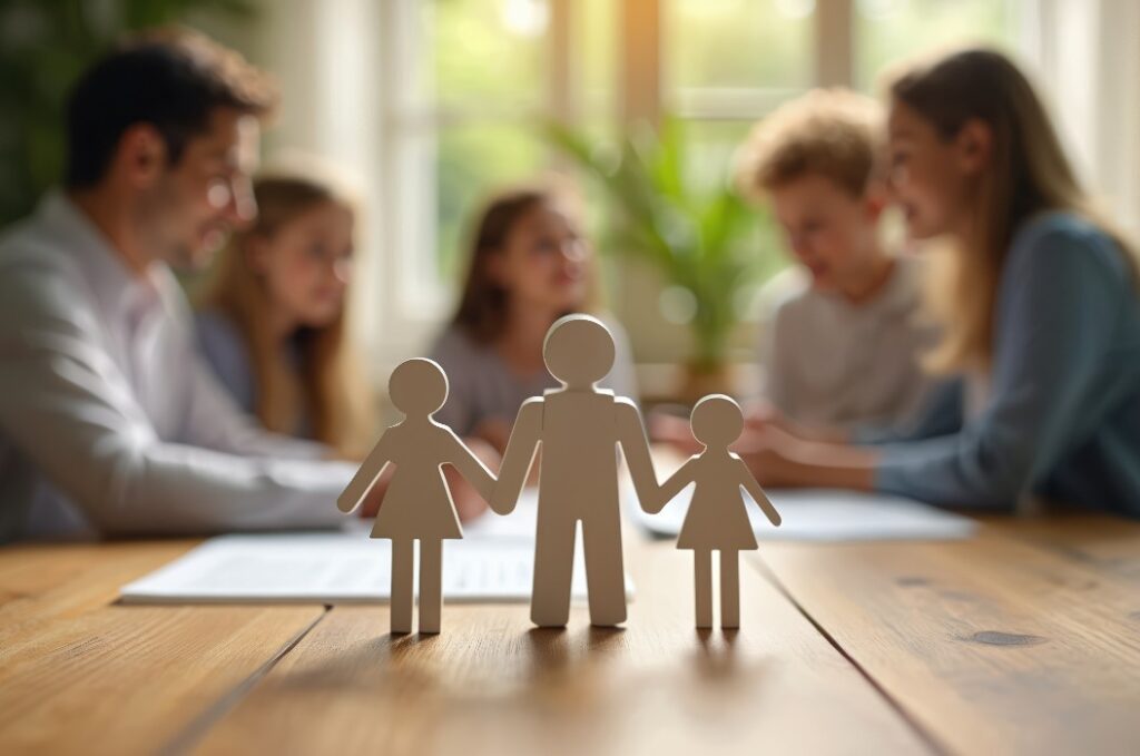 Eine Familie bespricht am Tisch mit einem Anwalt ihre Zukunft. Die Figuren stellen Eltern und Kind dar, die über Vermögen und Erbschaft planen. Die Dokumente auf dem Tisch symbolisieren rechtliche Vereinbarungen und die Fürsorge für den Nachwuchs.