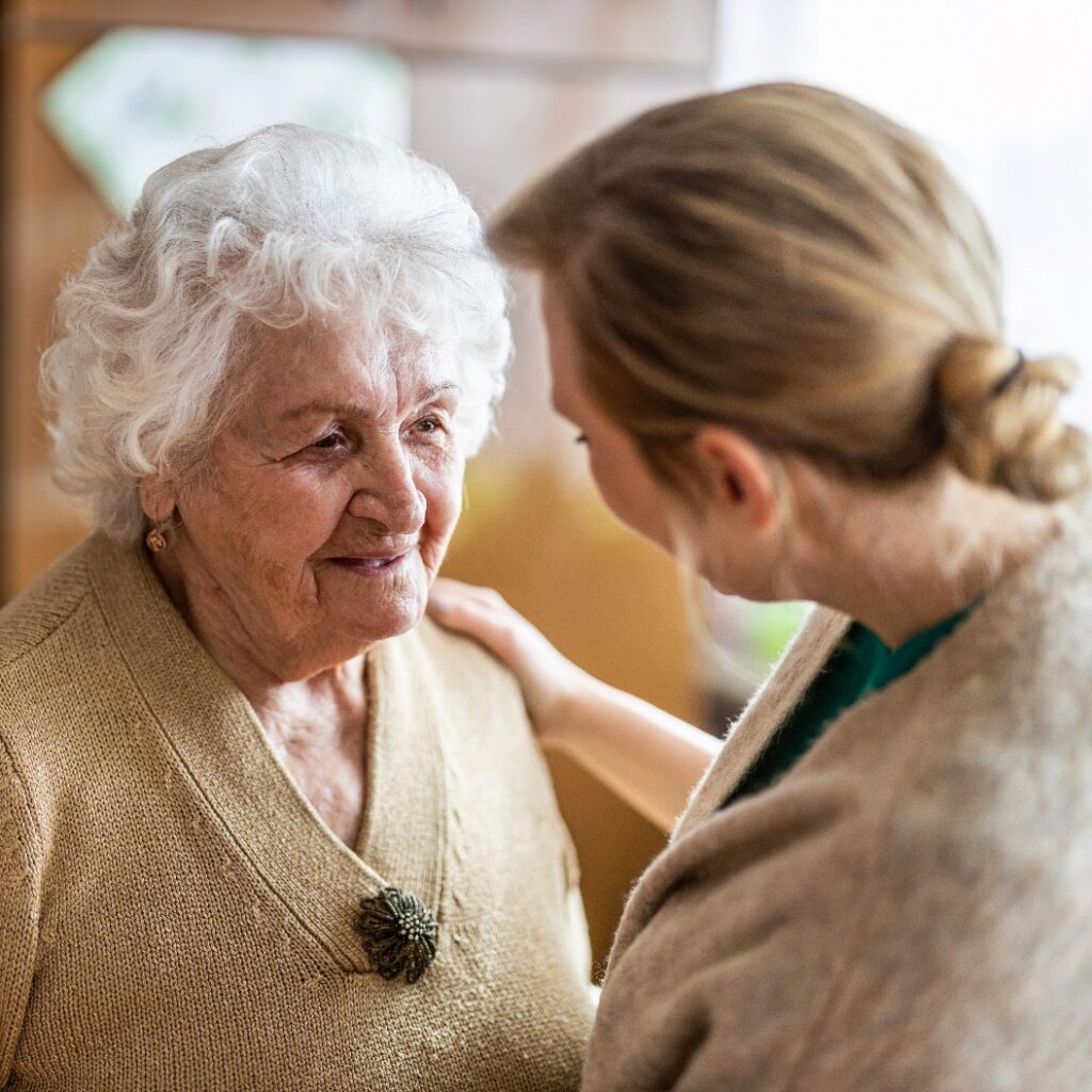 Health visitor talking to a senior woman during home visit