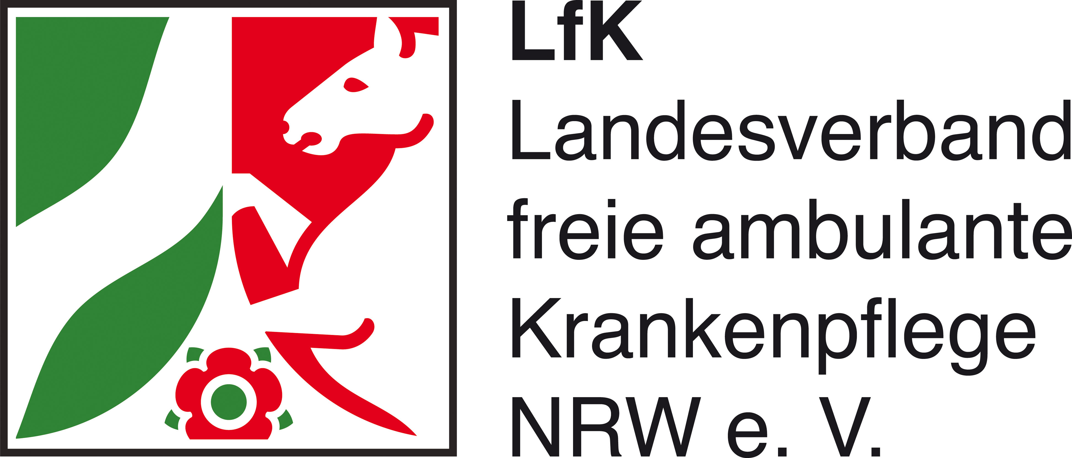 Logo mit stilisiertem weißen Pferdekopf, grünen Blättern und roter Blume auf Weiß